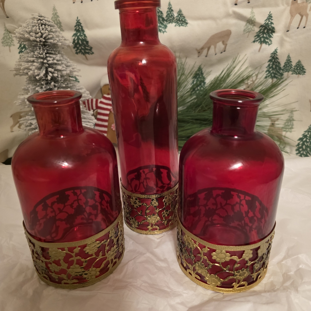 Elegant Red Glass Vases with Gold Accents
